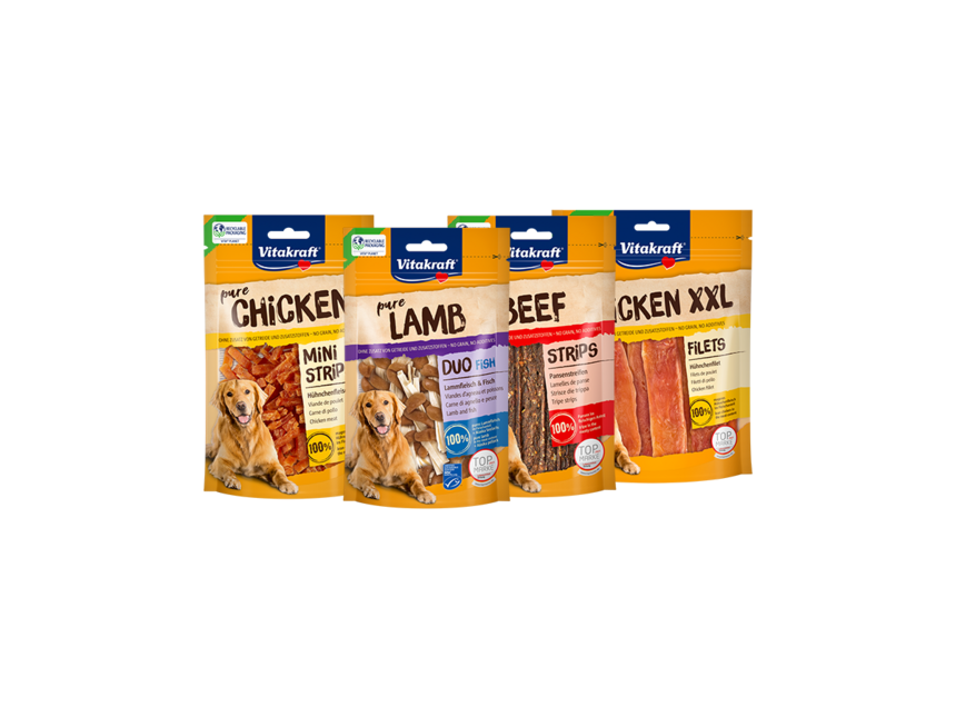 Vier Fleischsnack Produkte von Vitakraft