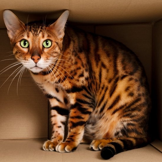 tabby cat sits in a box